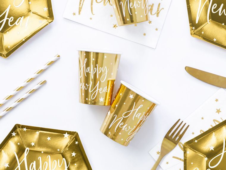 PartyDeco, kubeczki Happy New Year, złoty, 220 ml, 6 szt.