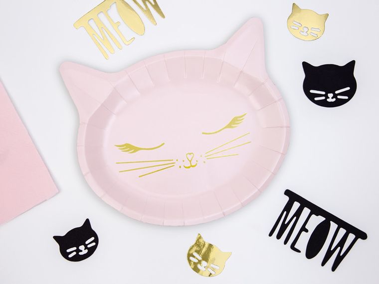PartyDeco, Meow Party, talerzyki papierowe, kotek, różowe, 22-20 cm, 6 szt.