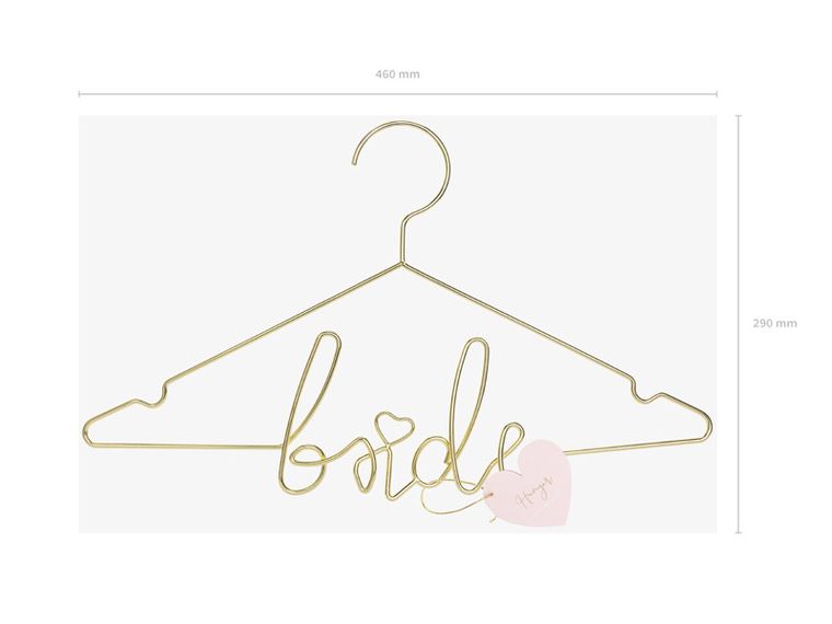 PartyDeco, metalowy wieszak na suknię ślubną dla panny młodej Bride, złoty, 45-27 cm