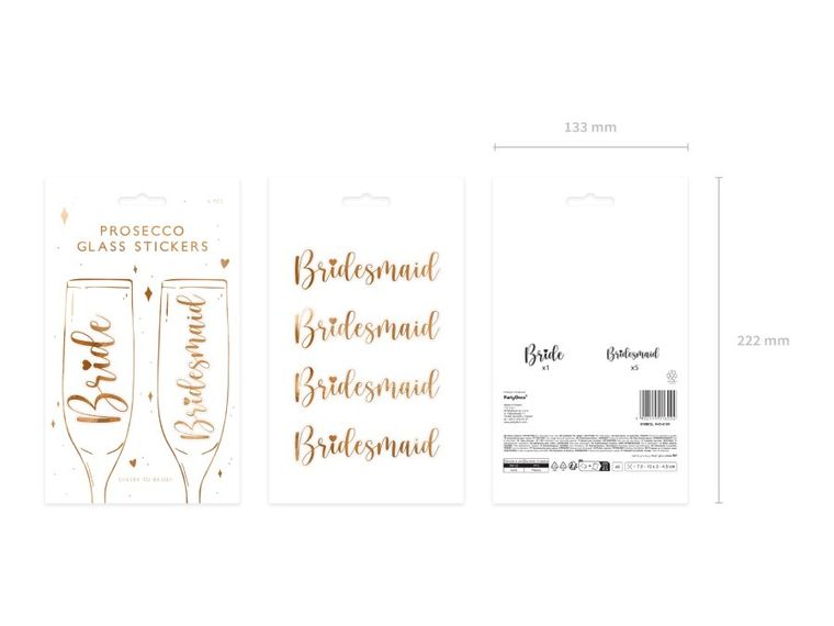 PartyDeco, naklejki na kieliszki, bride & bridesmaid, różowe złoto, 6 szt.