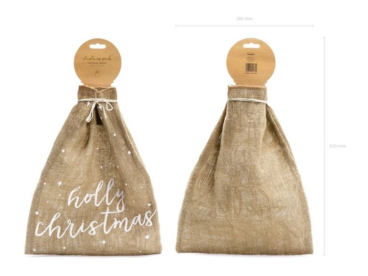 PartyDeco, Naturalne Święta, worek jutowy na prezenty Holly Christmas, biały napis, 30-42 cm