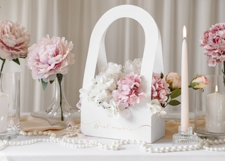 PartyDeco, pudełko na kwiaty flowerbox, best wishes, białe, 21,6-11,7-38,5 cm