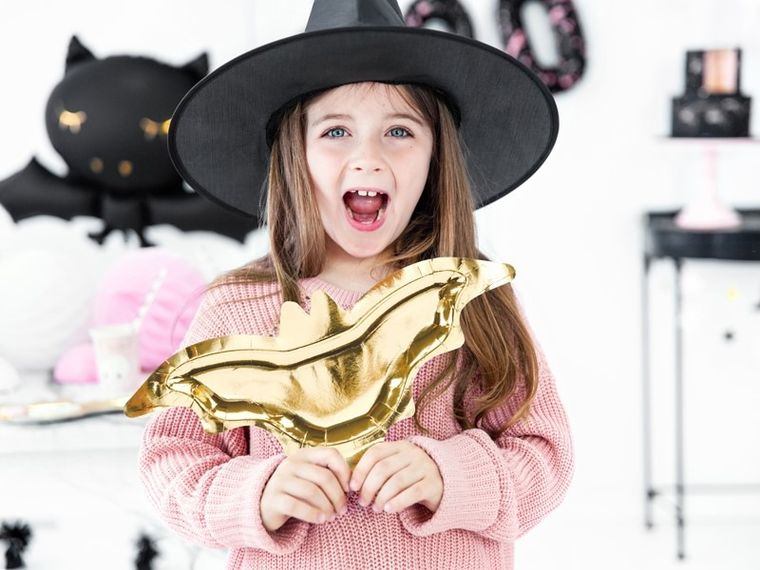 PartyDeco, Różowe Halloween, talerzyki papierowe, nietoperz, złote, 37,5-18,5 cm, 6 szt.