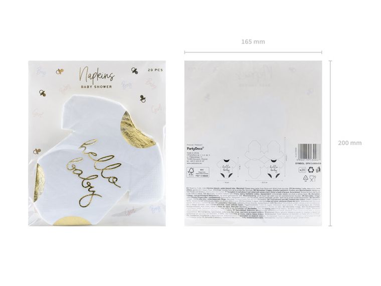 PartyDeco, serwetki papierowe, śpioszki hello baby, białe, 16-16 cm, 20 szt.