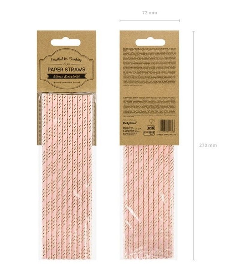 PartyDeco, słomki papierowe, jasny różowy, 19,5 cm, 10 szt.