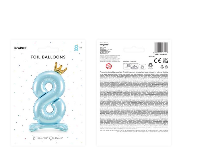 PartyDeco, stojący balon foliowy, cyfra "8", 84 cm, błękit, 1 szt.