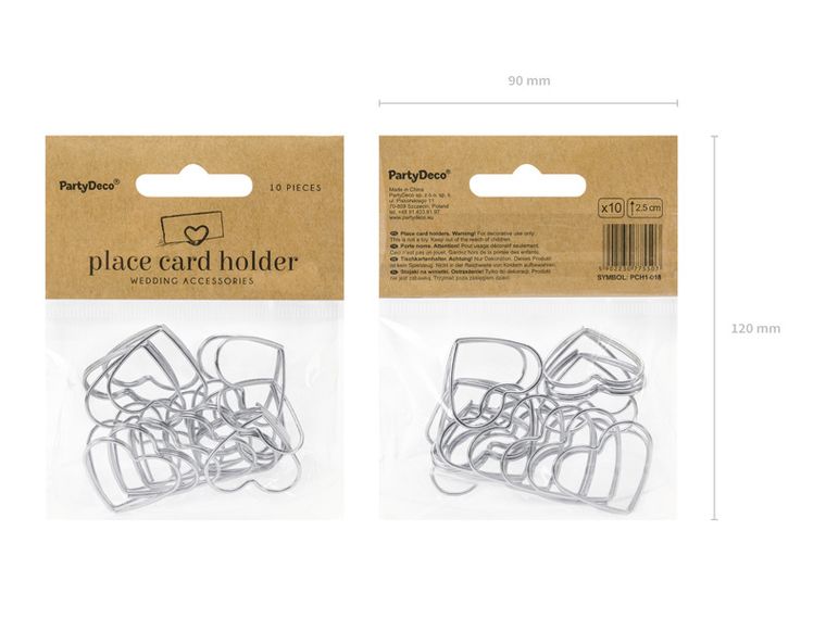 PartyDeco, stojaki na winietki, serca, srebrne, 10 szt.