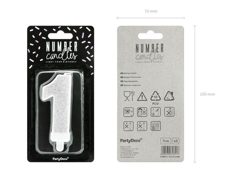 PartyDeco, świeczka urodzinowa, cyferka 1, srebrny, 7 cm