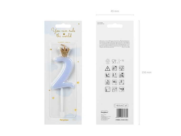 PartyDeco, świeczka urodzinowa, cyferka 2, jasny niebieski, 9.5 cm, 1 szt.