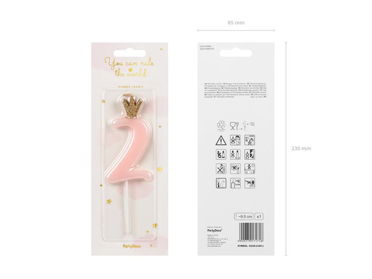 PartyDeco, świeczka urodzinowa, cyferka 2, jasny różowy, 9.5 cm, 1 szt.