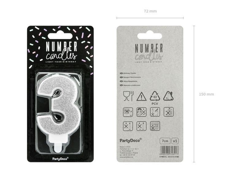 PartyDeco, świeczka urodzinowa, cyferka 3, srebrny, 7 cm