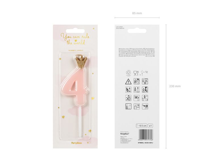 PartyDeco, świeczka urodzinowa, cyferka 4, jasny różowy, 9.5 cm, 1 szt.