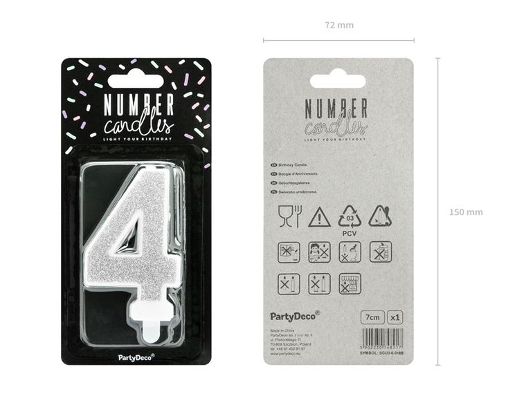 PartyDeco, świeczka urodzinowa, cyferka 4, srebrny, 7 cm