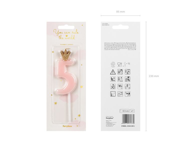 PartyDeco, świeczka urodzinowa, cyferka 5, jasny różowy, 9.5 cm, 1 szt.