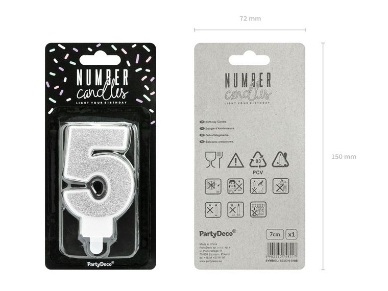 PartyDeco, świeczka urodzinowa, cyferka 5, srebrny, 7 cm