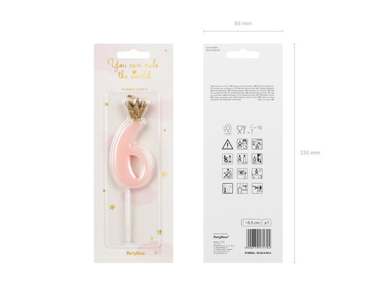 PartyDeco, świeczka urodzinowa, cyferka 6, jasny różowy, 9.5 cm, 1 szt.