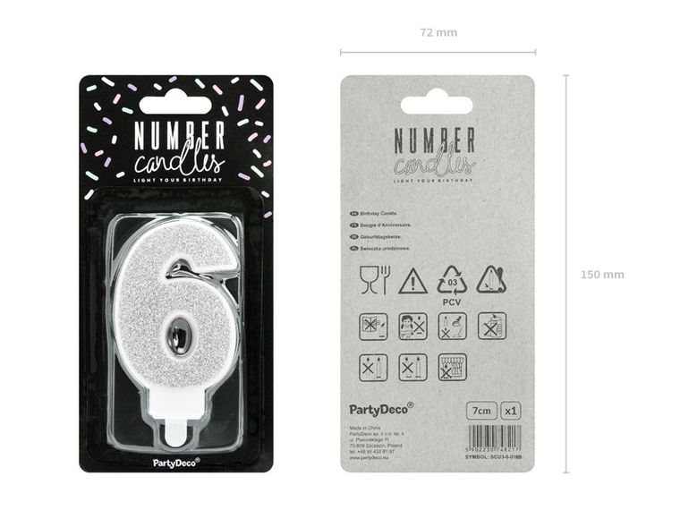 PartyDeco, świeczka urodzinowa, cyferka 6, srebrny, 7 cm
