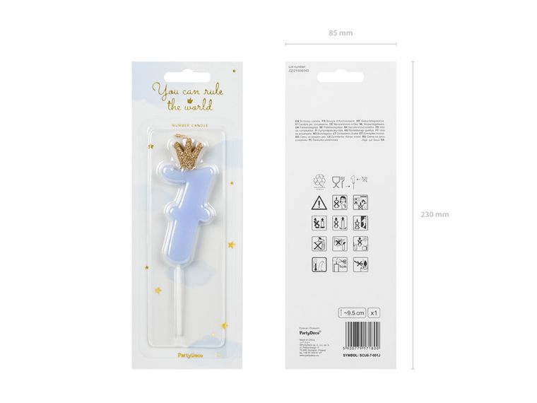 PartyDeco, świeczka urodzinowa, cyferka 7, jasny niebieski, 9.5 cm, 1 szt.