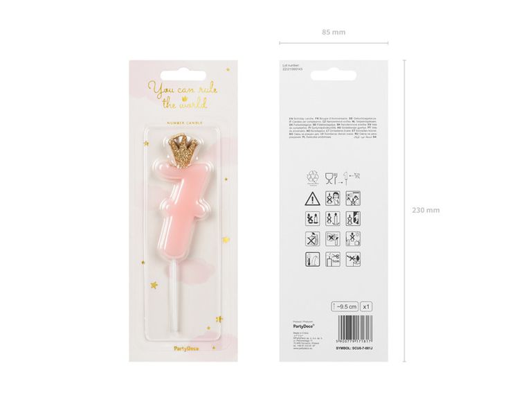 PartyDeco, świeczka urodzinowa, cyferka 7, jasny różowy, 9.5 cm, 1 szt.