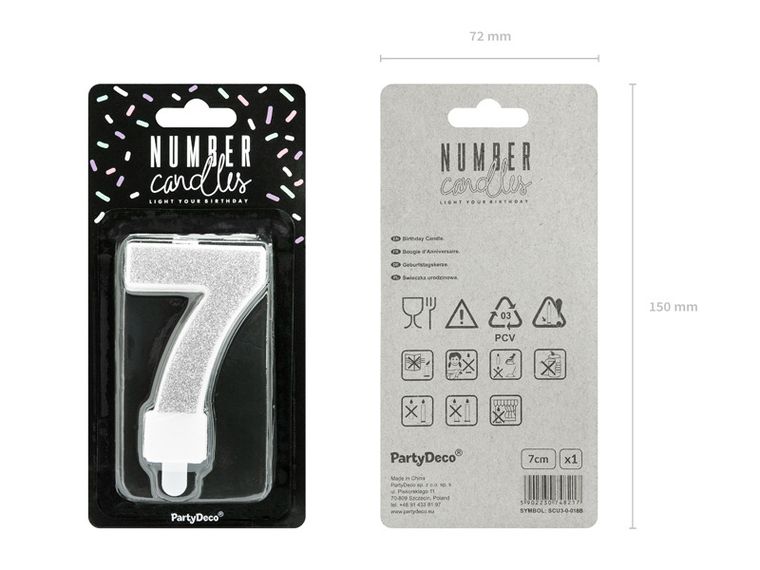 PartyDeco, świeczka urodzinowa, cyferka 7, srebrny, 7 cm