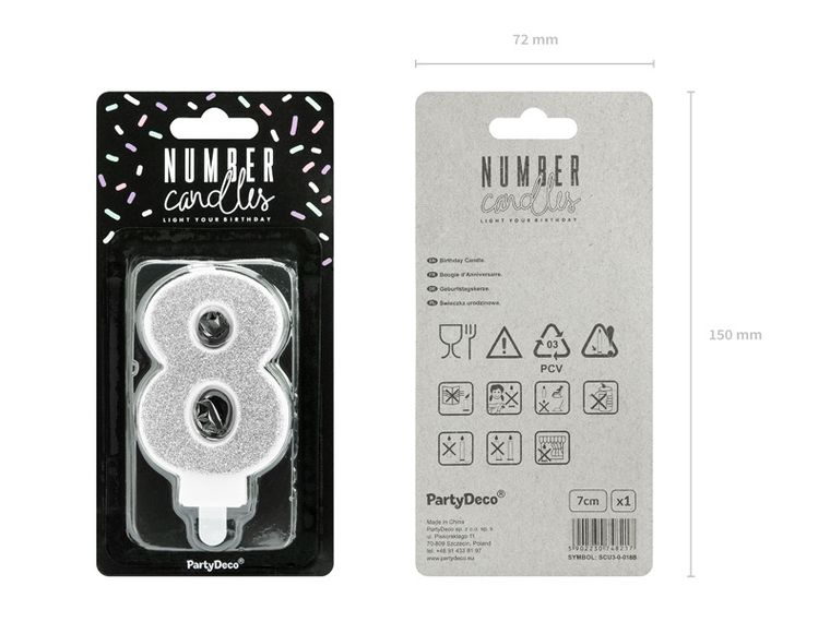 PartyDeco, świeczka urodzinowa, cyferka 8, srebrny, 7 cm
