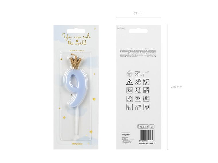 PartyDeco, świeczka urodzinowa, cyferka 9, jasny niebieski, 9.5 cm, 1 szt.