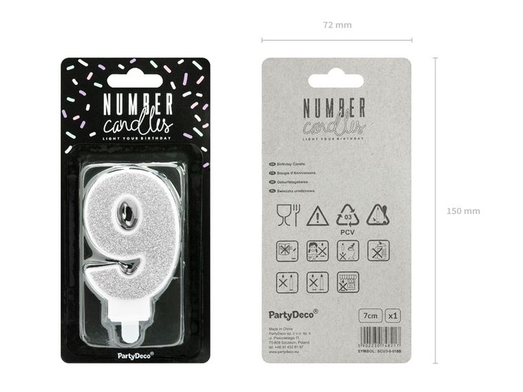 PartyDeco, świeczka urodzinowa, cyferka 9, srebrny, 7 cm