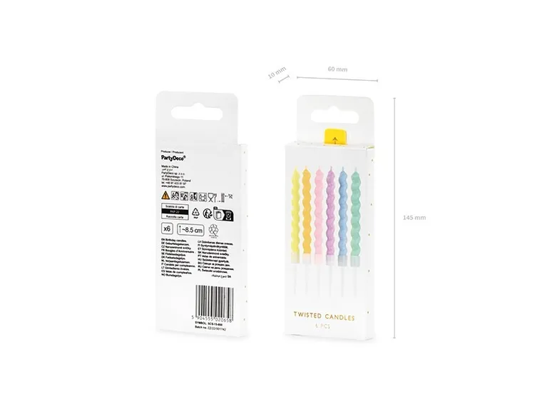 PartyDeco, świeczki urodzinowe zakręcone, 8.5 cm, 6 szt.