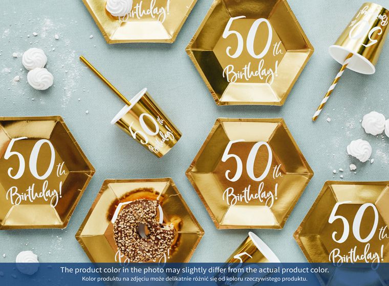 PartyDeco, talerzyki papierowe 50th Birthday, złote, 20 cm, 6 szt.