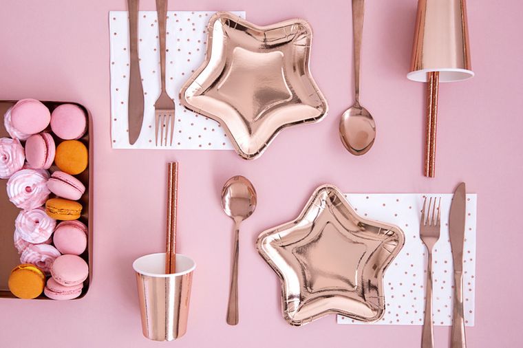 PartyDeco, talerzyki papierowe, gwiazdka, różowe złoto, 18 cm, 6 szt.