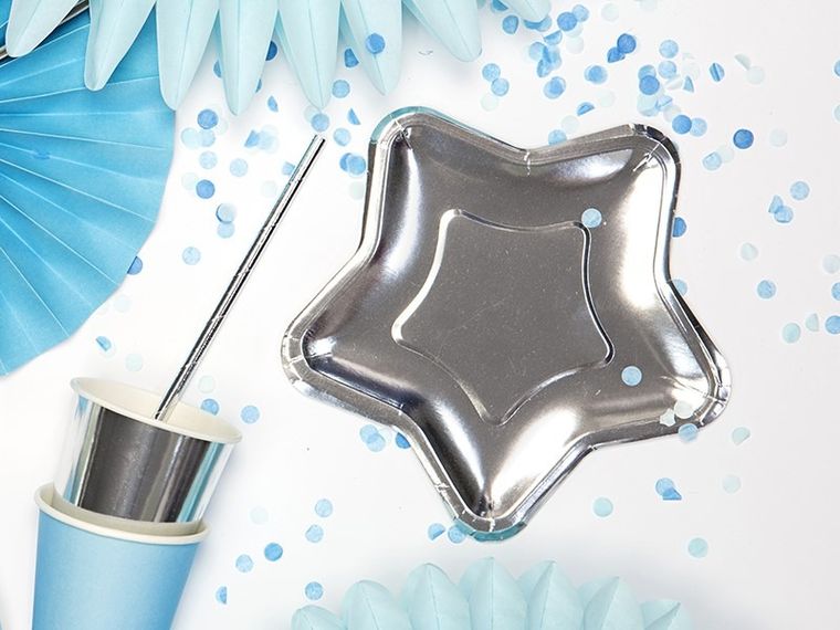 PartyDeco, talerzyki papierowe gwiazdki, srebrne, 18 cm, 6 szt.