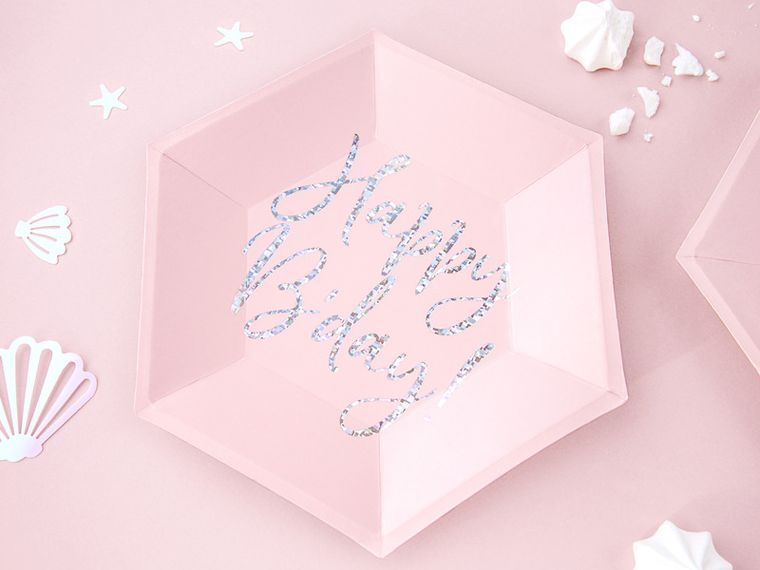 PartyDeco, talerzyki papierowe happy b'day! jasny różowy, 20 cm, 6 szt.