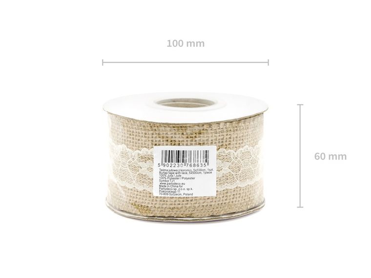 PartyDeco, taśma jutowa z koronką, ozdobna, 5-500 cm