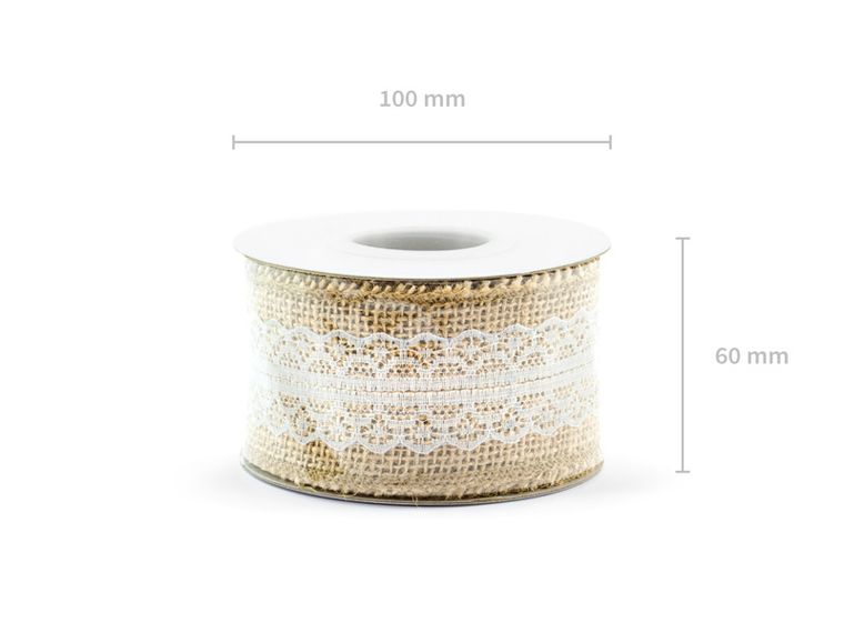 PartyDeco, taśma jutowa z koronką, ozdobna, 5-500 cm