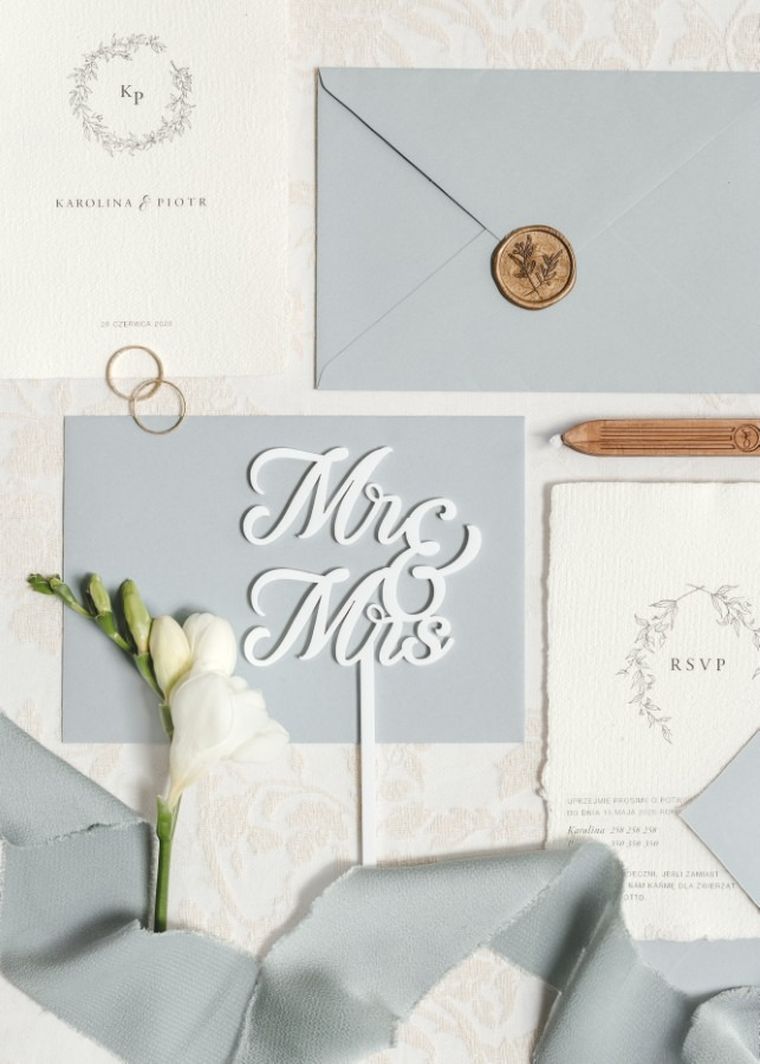 PartyDeco, topper akrylowy na tort, Mr & Mrs, biały, 16.5 cm