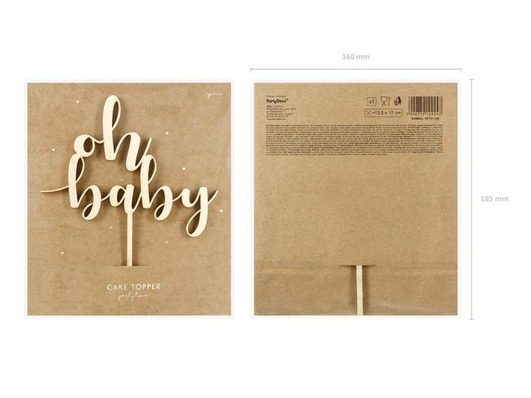 PartyDeco, topper, dekoracja na tort dla dziecka, oh baby, drewniany, 17 cm
