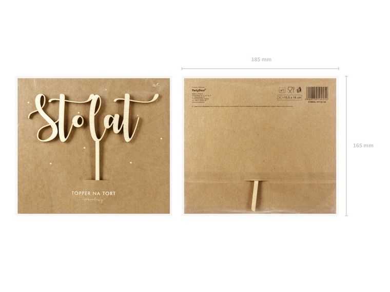 PartyDeco, topper, dekoracja na tort urodzinowy, sto lat, drewniany, 14 cm