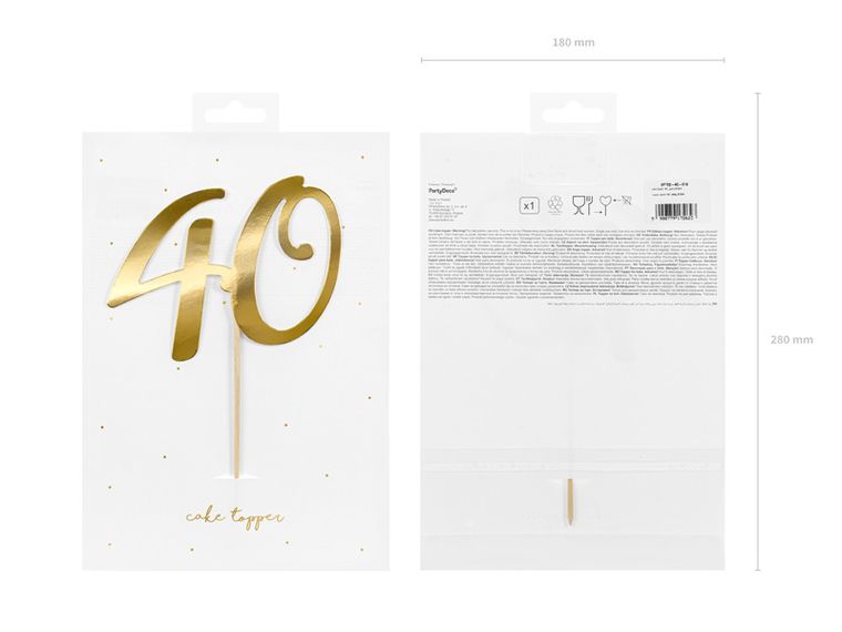 PartyDeco, topper na tort "40", złoty, 20.5 cm, 1 szt.