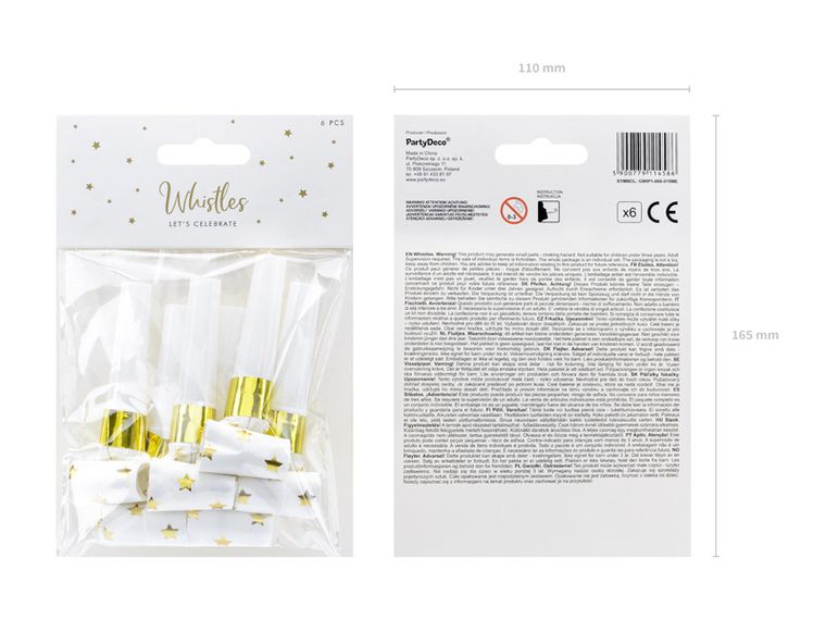 PartyDeco, urodzinowe gwizdki papierowe, gwiazdy, białe, 6 szt.