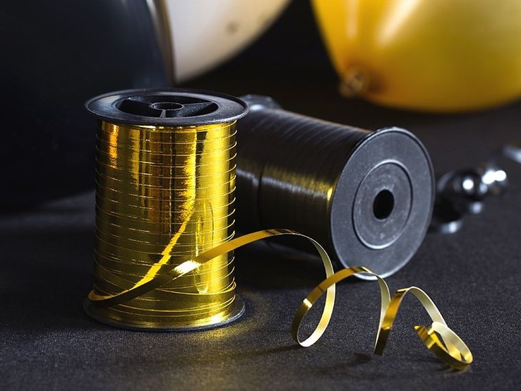 PartyDeco, wstążka ozdobna plastikowa do dekoracji prezentów, złoty, 5 mm, 225 m