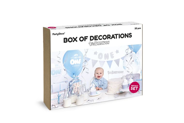 PartyDeco, zestaw dekoracji Party, 1st Birthday, srebrny