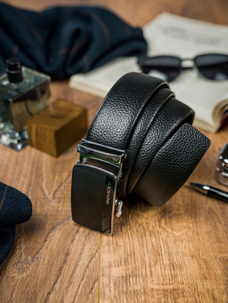 Pasek męski, czarny, skórzany, Rovicky