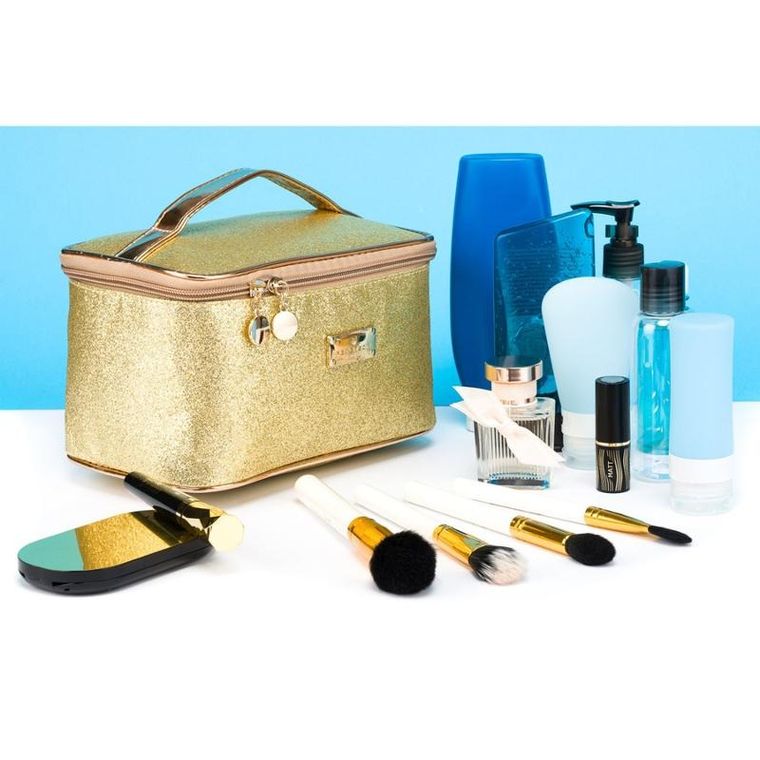 Peterson, kosmetyczka kuferek, brokatowa złota