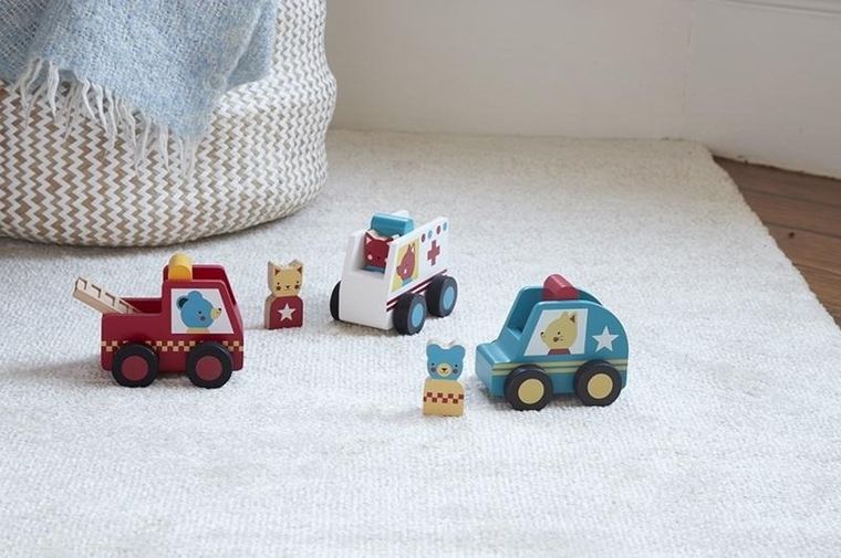 Petit Collage, Straż, Policja, Pogotowie, zestaw pojazdów drewnianych
