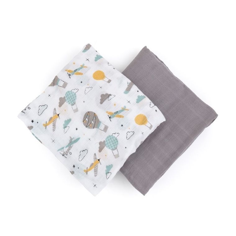 Petite&Mars, Misty, otulacz z muślinu bambusowego, Grey Planes, 120-120 cm, 2 szt.