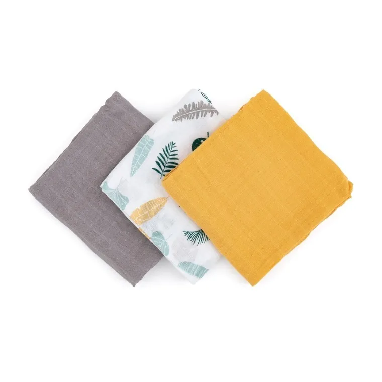 Petite&Mars, zestaw: Moussy, pieluszka z muślinu bambusowego, Ochre Leaves, 68-68 cm, 3 szt.