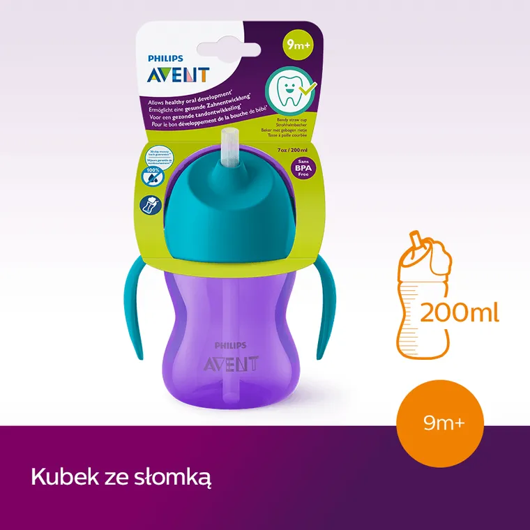 Philips Avent, kubek z giętką słomką, fioletowy, 9m+, 200 ml