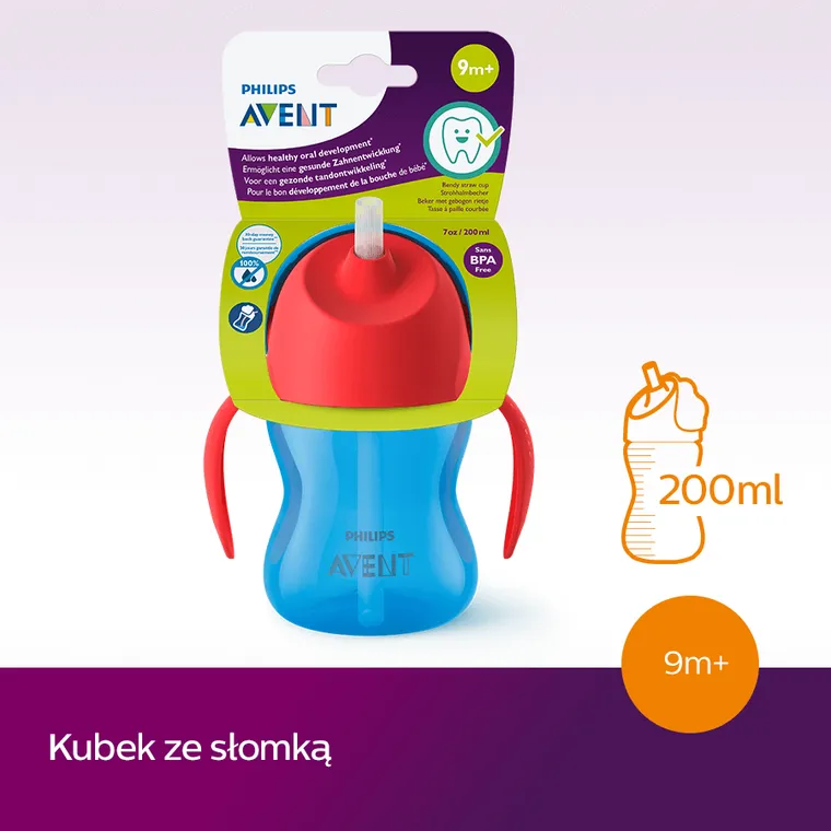 Philips Avent, kubek z giętką słomką, niebieski, 9m+, 200 ml