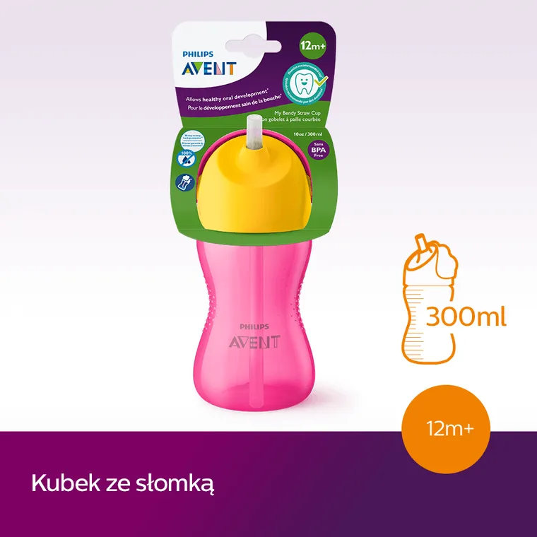 Philips Avent, kubek z giętką słomką, różowy, 12m+, 300 ml