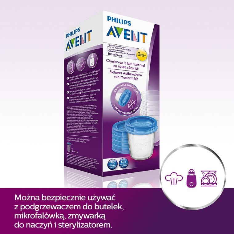 Philips Avent, Pojemniki na pokarm i pokrywki, 180 ml, 5 szt.